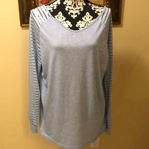 🩵 Soft mixed fabric sheer striped long sleeved stretchy light blue top